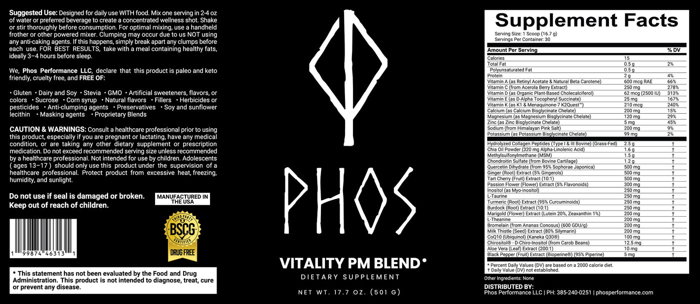Phos vitality AM blend supplement facts label with ingredients and usage instructions